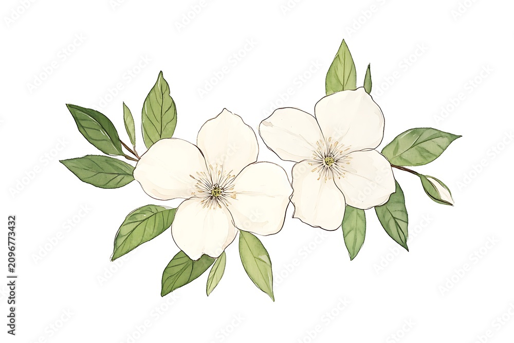 Naklejka premium Delicate white flowers with green leaves