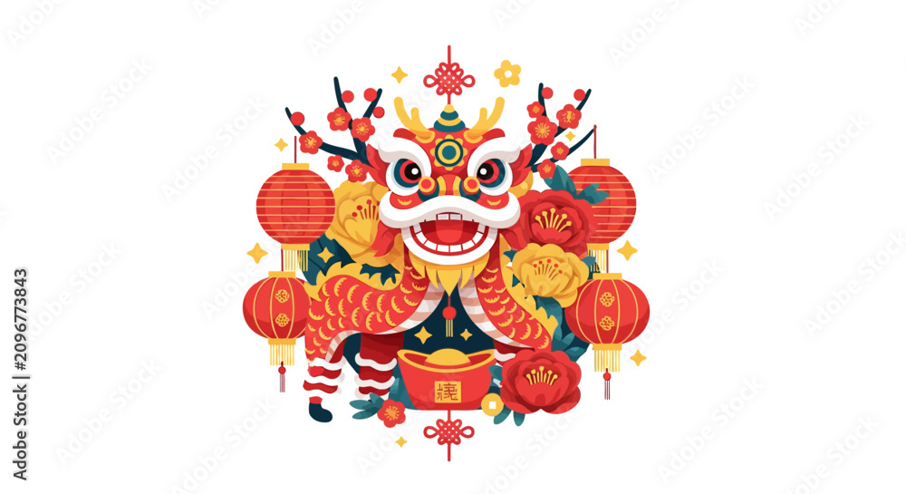 Naklejka premium Vibrant Lion Dance Performance Costume Head.