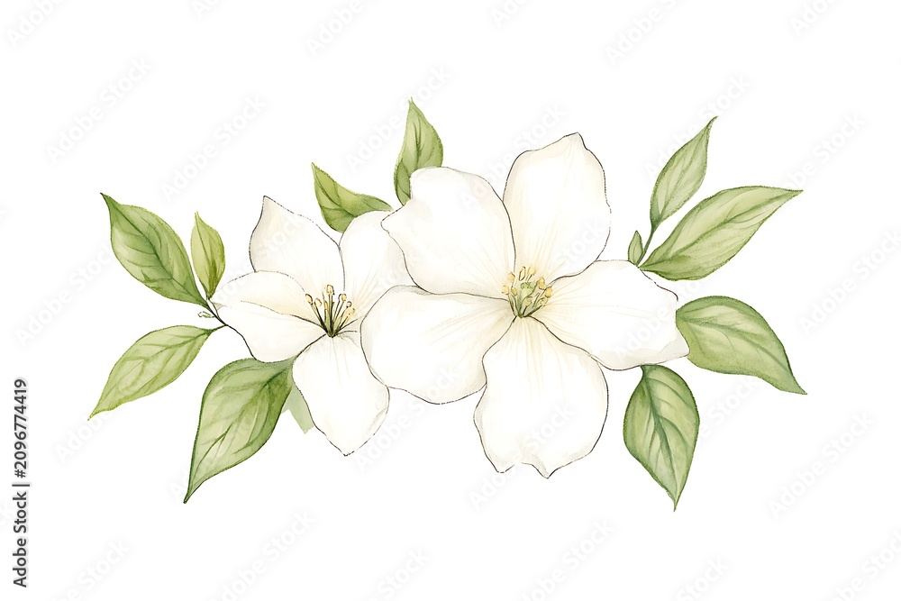 Fototapeta premium Delicate white flowers with green leaves