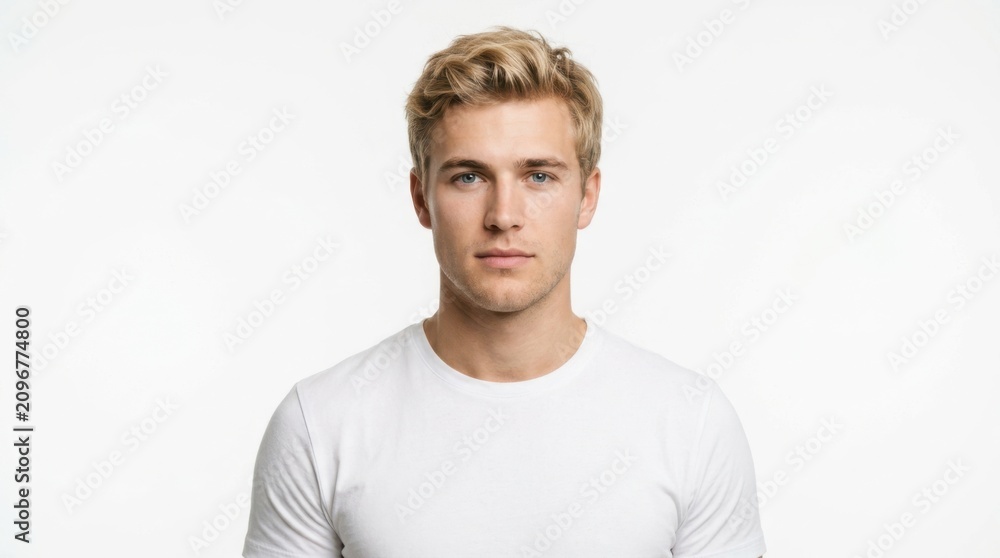 Fototapeta premium Handsome young man with blonde hair and blue eyes looking at camera wearing a simple white t-shirt for daily portrait