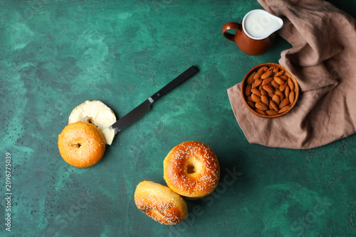 Tasty bagels with almond nu...
