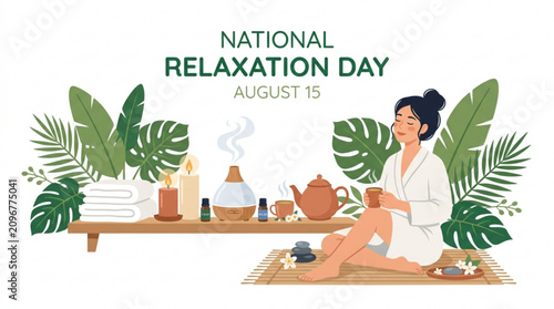 National relaxation day illustration featuring a happy woman in a robe enjoying tea amidst tropical green plants with smiling woman white robe sitting bamboo mat candles