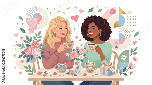 Happy female friends sharing coffee and gifts at a table with floral decorations with drinking coffee exchanging smiling women drinking table surrounded pink