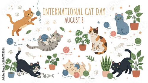 Cute cartoon cats playing with yarn balls plants and fish bones international cat day august 8th vector illustration with collection adorable cats