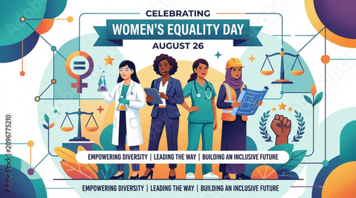 Illustration of diverse professional women in science and business careers celebrating equality and empowerment with justice symbols with business standing together