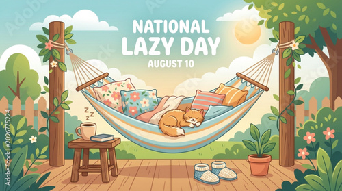 Relaxing summer day with cat sleeping in hammock on wooden deck surrounded by plants with depicts cozy outdoor scene