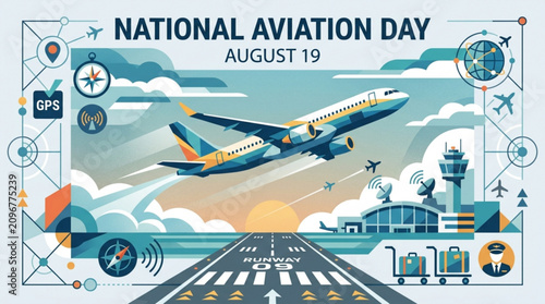 National aviation day august 19th vector illustration featuring airplane airport terminal control tower pilot with pilot luggage navigation displays national