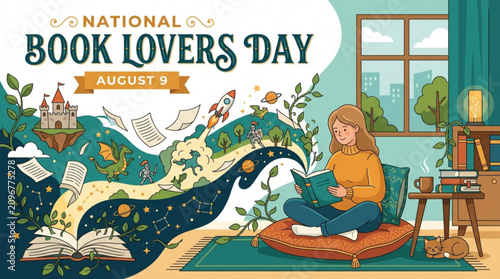 National book lovers day illustration featuring a girl reading with fantasy elements like a castle dragon with landscape fantasy characters while magical landscape