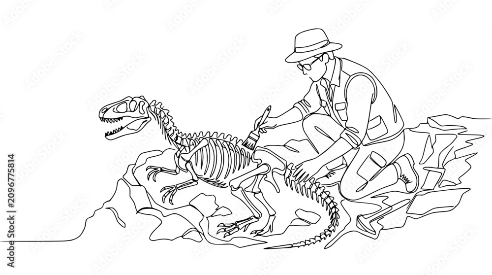 Fototapeta premium Paleontologist Brushing Dinosaur Fossil Skeleton Excavation Art