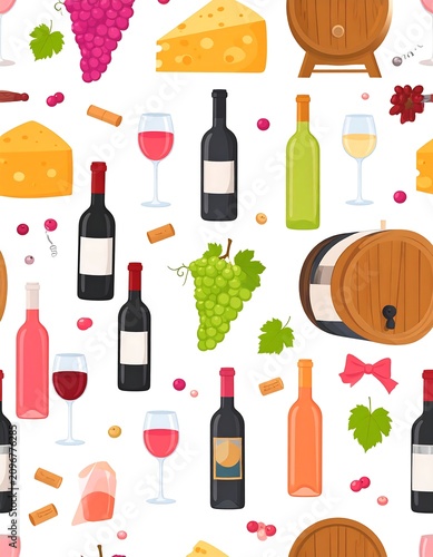 A colorful illustration of wine and cheese items on a white background
