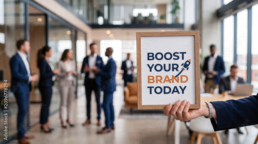 Fototapeta premium Successful Business Team Promoting Brand Growth Strategy In Bright Corporate Workspace With Motivated Mood