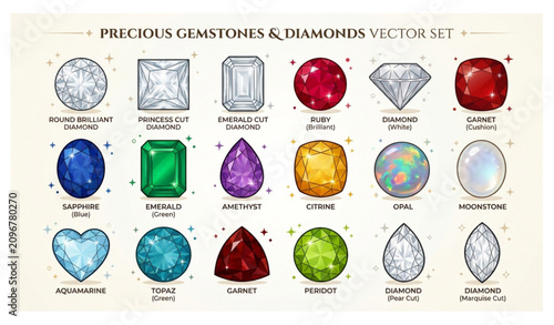 Precious Gemstones and Diamonds Vector Set Featuring Elegant Faceted Jewelry Crystals and Luxury Icons