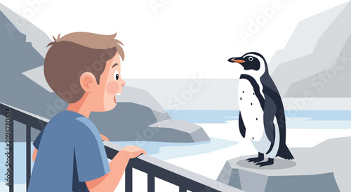 Young boy observes a penguin at the zoo enclosure.