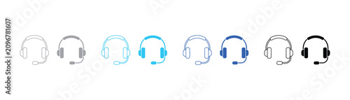 Communication headset icons with microphone as line and silhouette vector graphics microphone headphones communication customer illustration technology equipment operator business assistant
