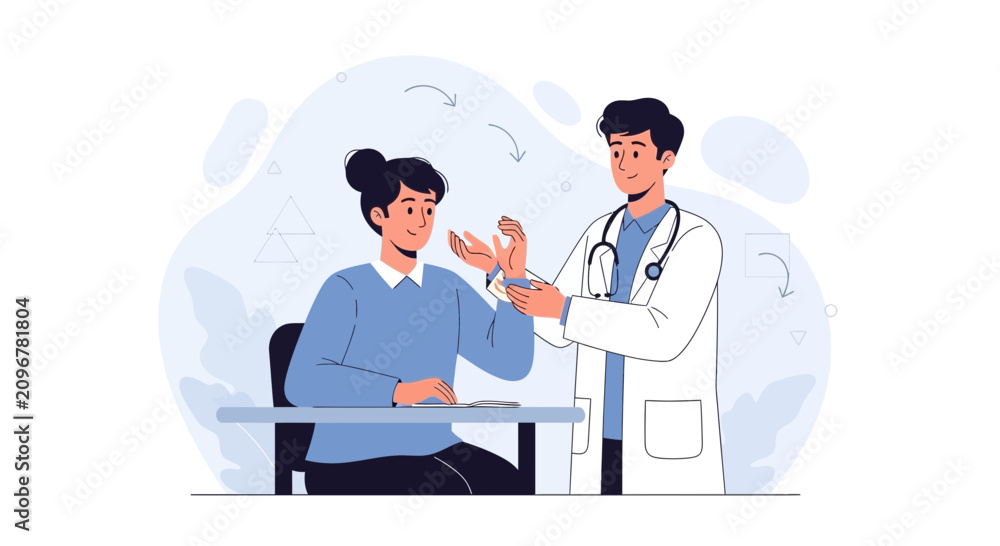 Fototapeta premium Doctor Examining Patient's Hand for Treatment or Diagnosis - Modern Flat Illustration