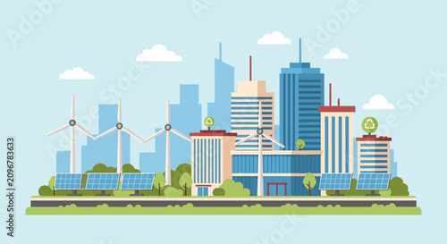 Flat illustration of an eco friendly smart city with wind turbines, solar panels, and modern sustainable green buildings