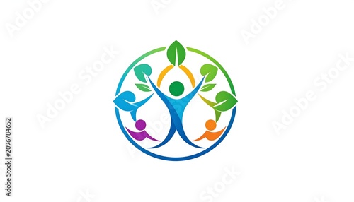 A colorful logo featuring a tree with a person at its center