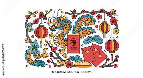 Chinese dragon design with red envelopes.