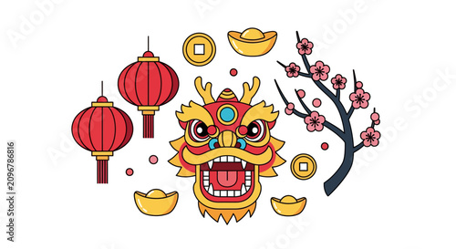 Chinese dragon head with decorations.