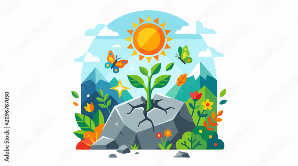 Fototapeta premium Business growth concept with diverse team climbing mountain, career path to success with red arrow, achievement and leadership vector illustration