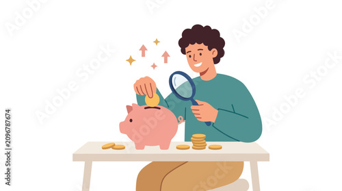 Man Carefully Inspecting Coins Before Depositing Into Piggy Bank.