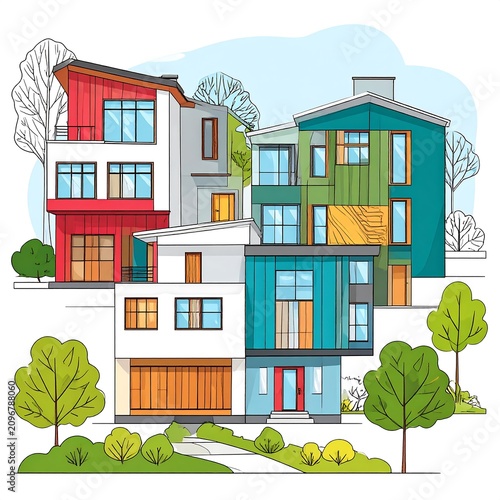 A colorful illustration of a row of modern houses with trees
