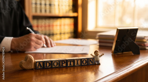 Adoption concept with wooden blocks spelling the word on a judges desk with a heart and a small figurine of a child