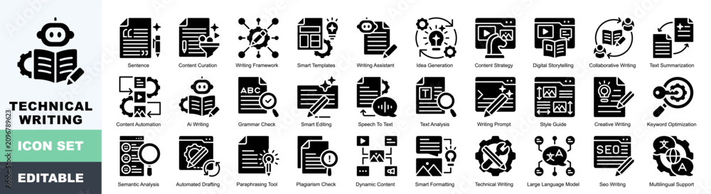 Foto Technical Writing Icon Pack Featuring Sentence, Content Curation, Writing Framew