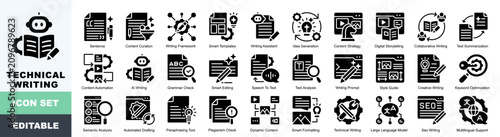 Obraz na płótnie Technical Writing Icon Pack Featuring Sentence, Content Curation, Writing Framew