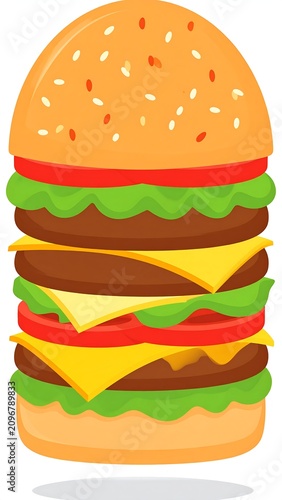 A colorful illustration of a stacked burger with sesame seed bun