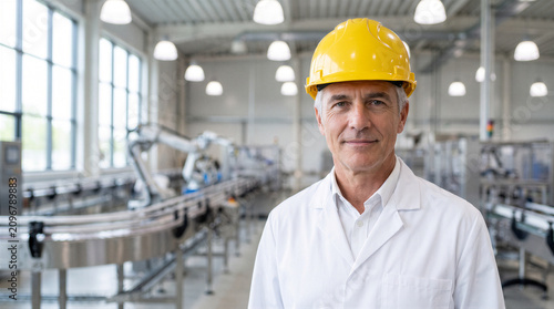 Portrait of a senior factory manager wearing a white lab coat and a yellow hard hat in a modern automated production facility
