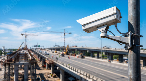 Security camera mounted on a pole overlooking a highway construction site with cranes and traffic under a clear blue sky