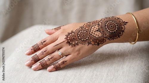 Intricate henna tattoo on woman's hand, traditional mehendi floral pattern, elegant bridal body art with brown ink and gold jewelry
