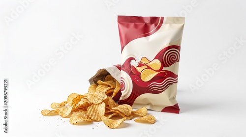 Potato chips packaging mockup, crispy golden snack spilling from a foil bag, salty appetizer on white background, food product branding design
