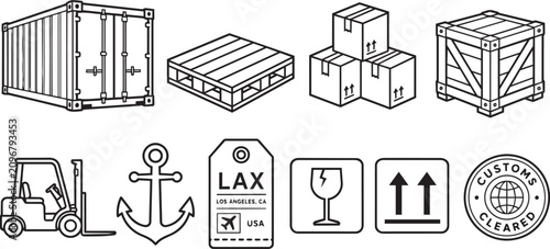 Logistics and shipping icon set with cargo container and pallet