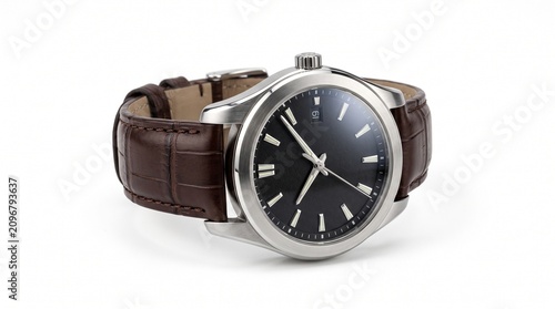 Luxury Men's Silver Watch with Dark Brown Leather Strap Product Shot