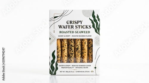 Crispy wafer sticks with roasted seaweed flavor, premium snack box packaging, savory artisanal seaweed crackers in a white retail carton