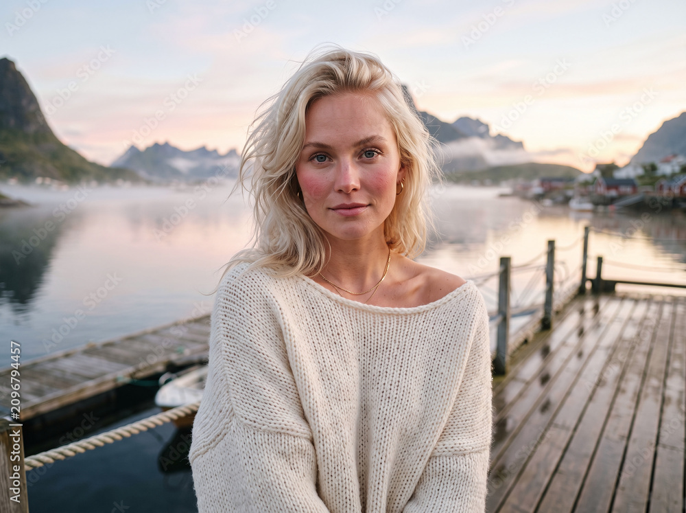 Fototapeta premium A portrait of a woman with blonde hair, wearing a cream-colored sweater, standing on a wooden pier with a misty lake and village in the background at sunrise