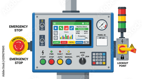 Industrial control panel with screen and emergency stop buttons operates machinery