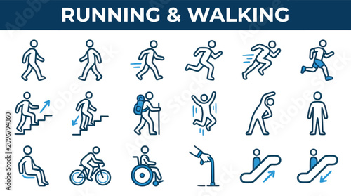 Running and walking activity icon collection with hiking cycling accessibility fitness movement and exercise symbols for mobile app web interface and infographic design