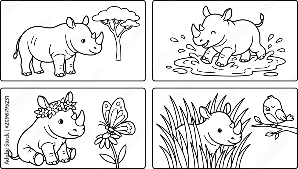 Obraz premium Cute Cartoon Rhinoceros Coloring Page Vector Set Featuring Baby Rhino in Savannah Splashing in Mud Wearing Flower Crown and Hiding in Grass
