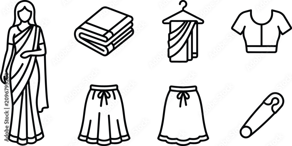 Fototapeta premium Traditional Indian Saree and Women Ethnic Wear Icon Set Featuring Blouse Skirt Safety Pin and Hanger Apparel Line Vector Art for Fashion Design