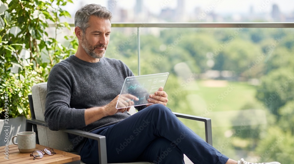 Fototapeta premium Man relaxing with tablet on balcony