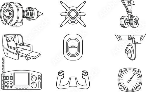 Принти на полотні Aviation and Aerospace Engineering Line Art Vector Icon Set Featuring Turbofan J