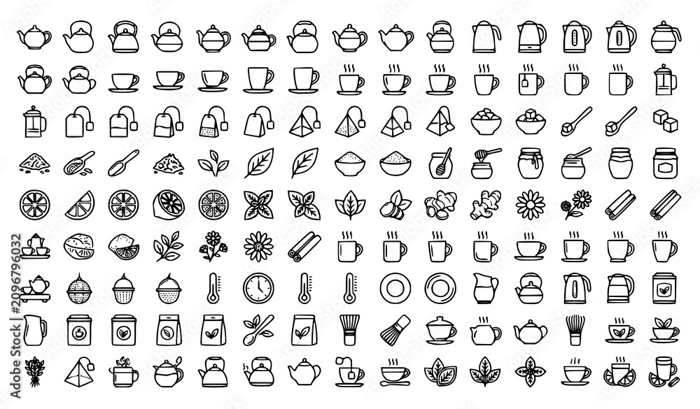 Fototapeta premium Tea Linear Icon Set Editable Stroke Cafe Drink Vector Collection