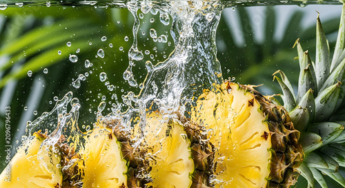 Sliced pineapple falling into water creating dynamic splashes and bubbles, set against a blurred green tropical palm leaf background