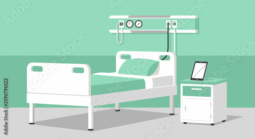 Hospital Room Scene Displaying a Bed, Medical Equipment, and a Tablet For Healthcare Processes