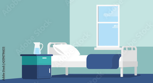 Hospital Room Scene Displaying a Bed, Nightstand, Window, and a Pot of Water