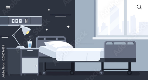 Hospital Room Scene Displaying A Bed, Table, And Window With A City Silhouette