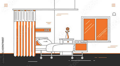 Hospital Room Interior Illustration With Orange Accents and Minimalist Artistic Style